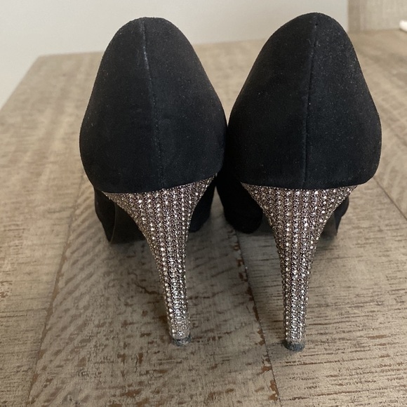 Nina New York Pumps Open Toe Heels Studded Jeweled Black Suede - Picture 12 of 14